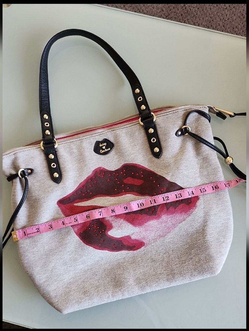 Juicy Couture Jersey Knit Barbiecore Rhinestone Lips Overnight Tote Bag - Picture 12 of 15